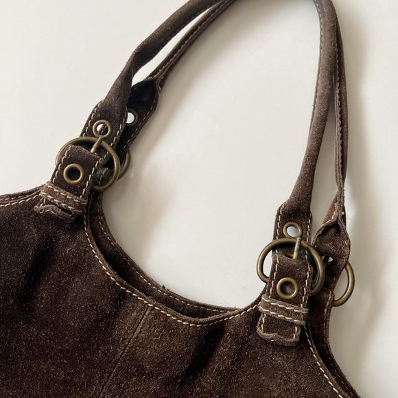 Vintage 90s Brown Suede Slouchy Hobo Grommet Leather Shoulder Bag Purse - Picture 4 of 7